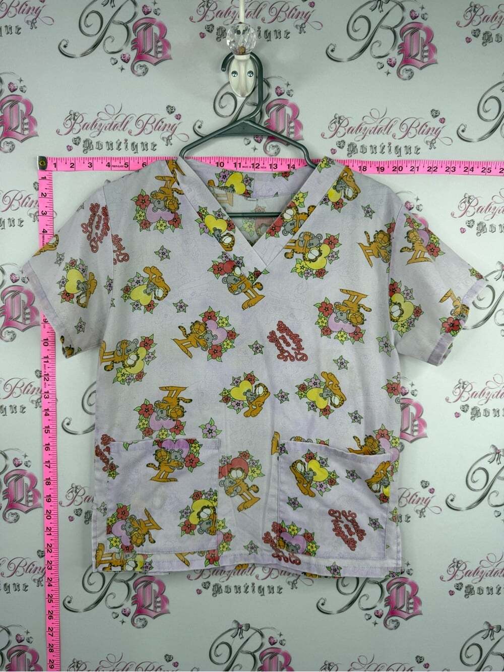 Garfield scrubs top scrub tee Lilac Cartoon-Print V-Neck Short Sleeve Top rare